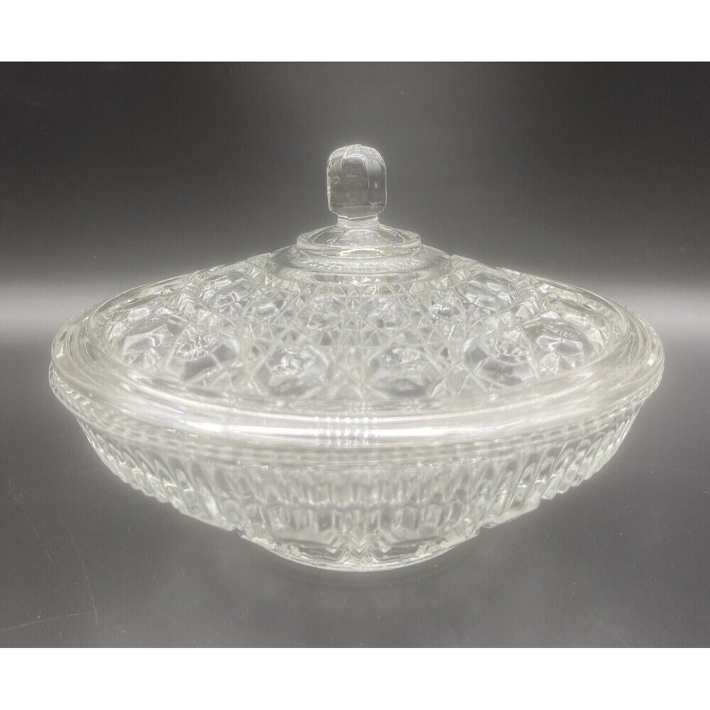 VTG Indiana Glass Clear Windsor Button & Cane Pattern Covered Candy Dish 7.5”